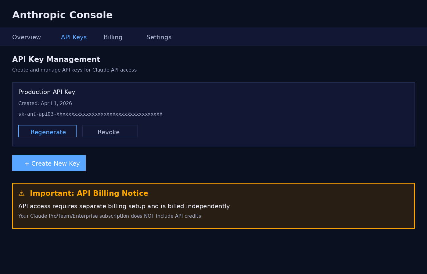 Anthropic Console showing API key generation and separate billing setup