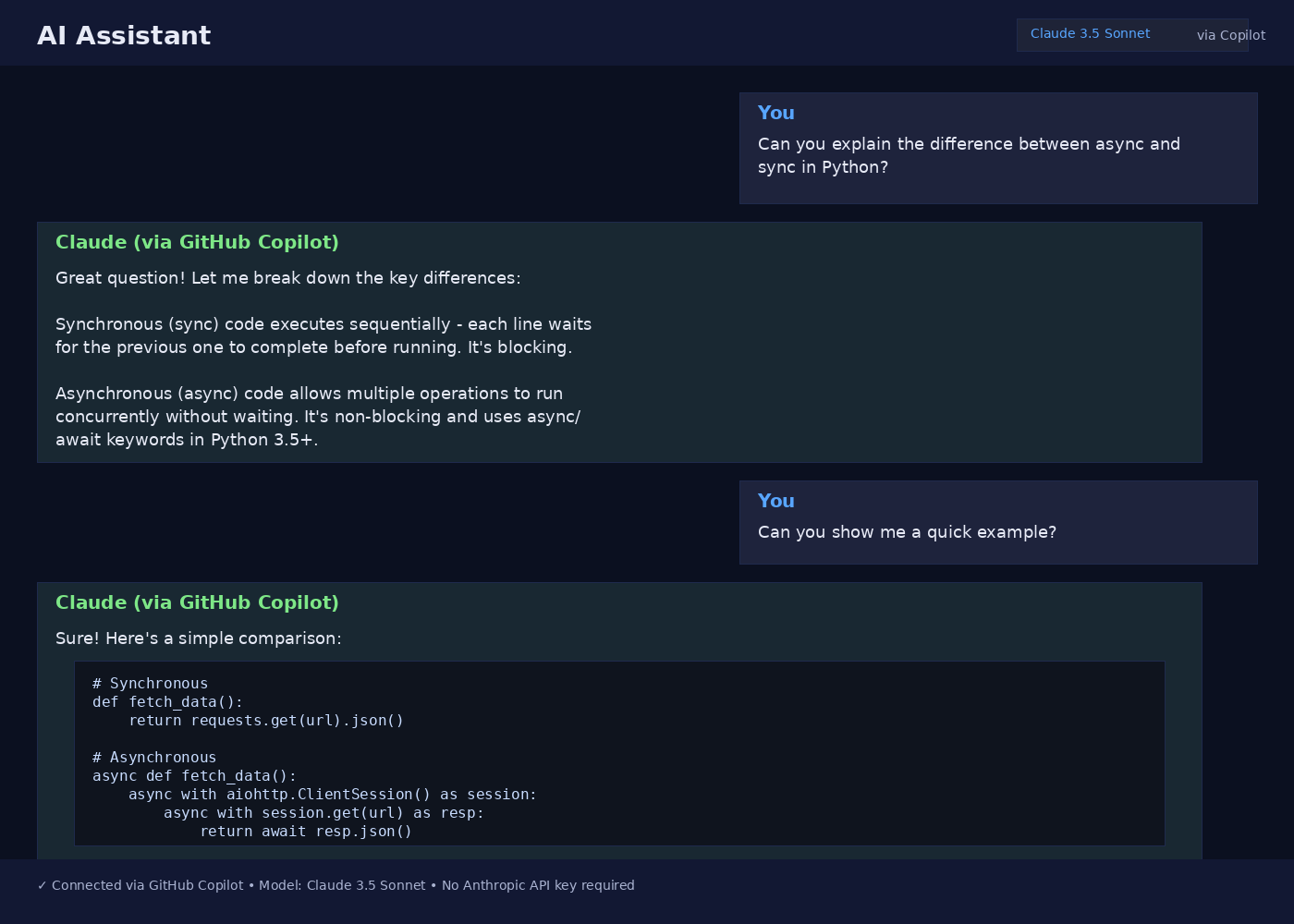 Example conversation showing Claude responding through the GitHub Copilot backend, with model identifier visible