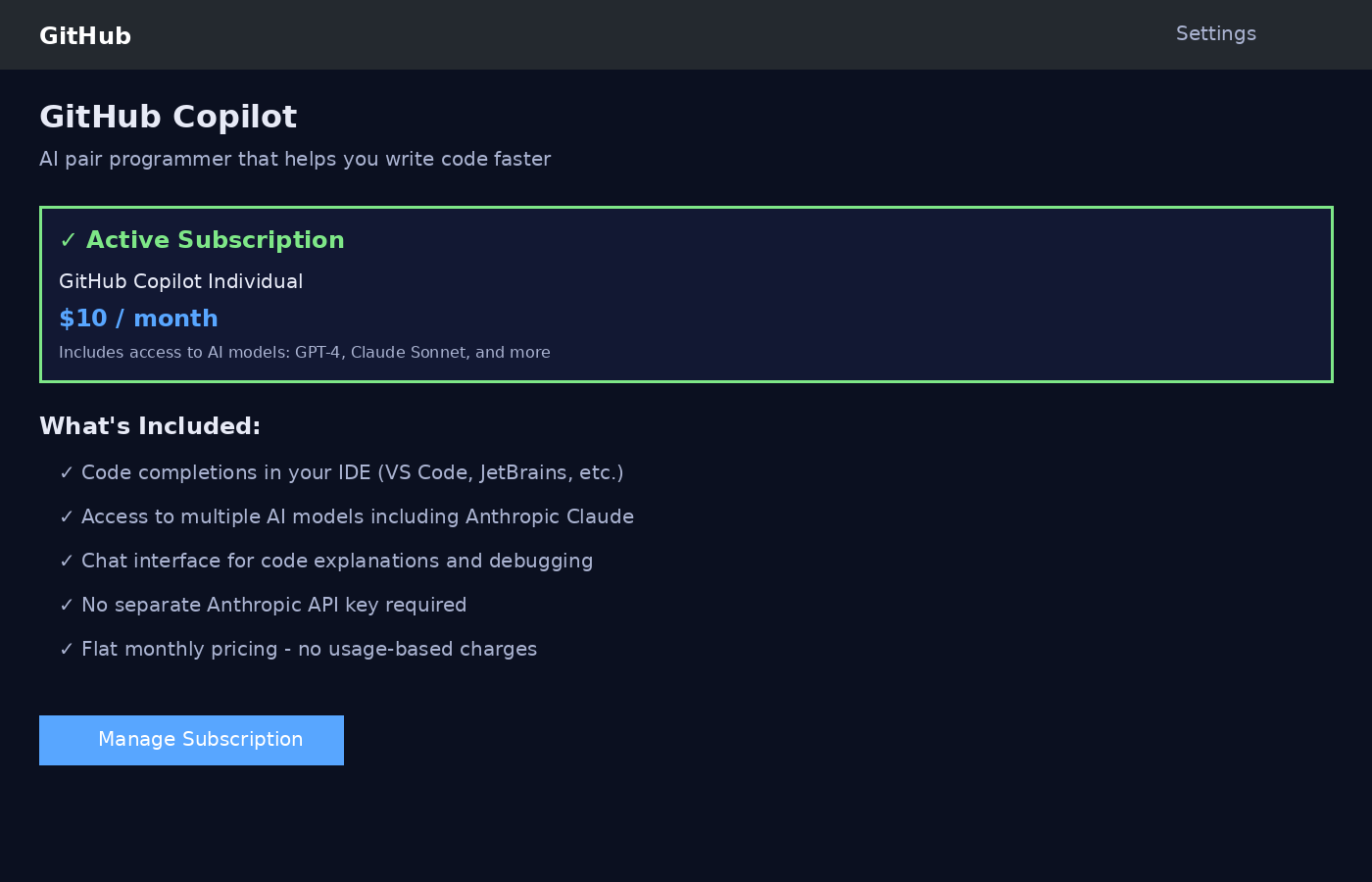 GitHub Copilot subscription page showing Individual and Business plan options