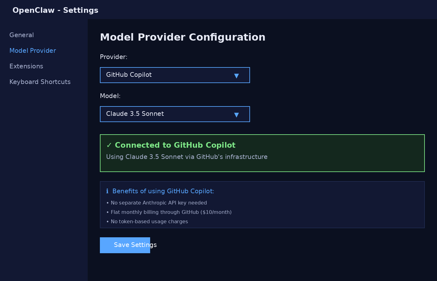 OpenClaw model provider configuration showing GitHub Copilot selected with Claude Sonnet as the active model